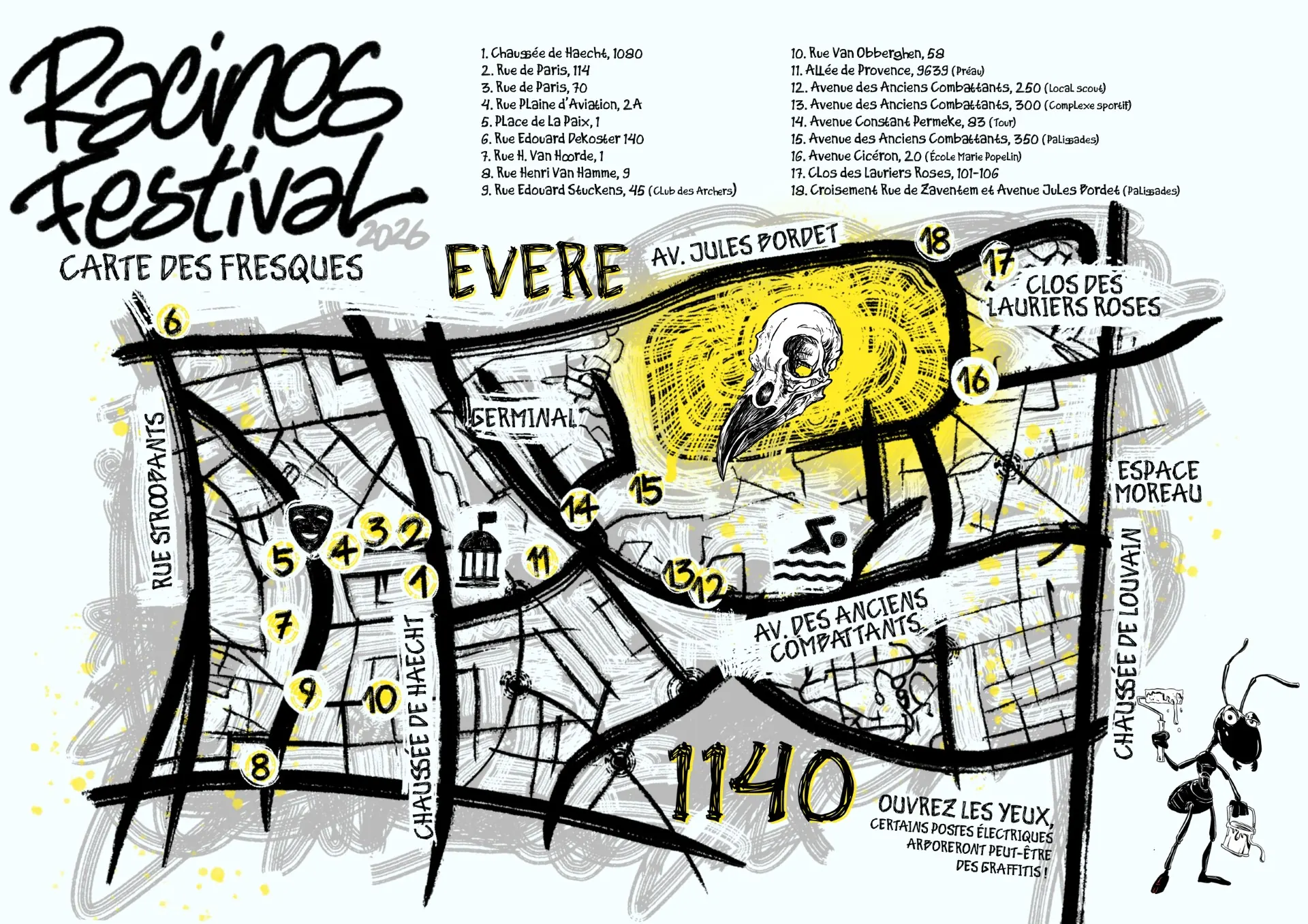 Carte des fresques du Racines Festival 2026 à Evere, avec les 18 emplacements numérotés